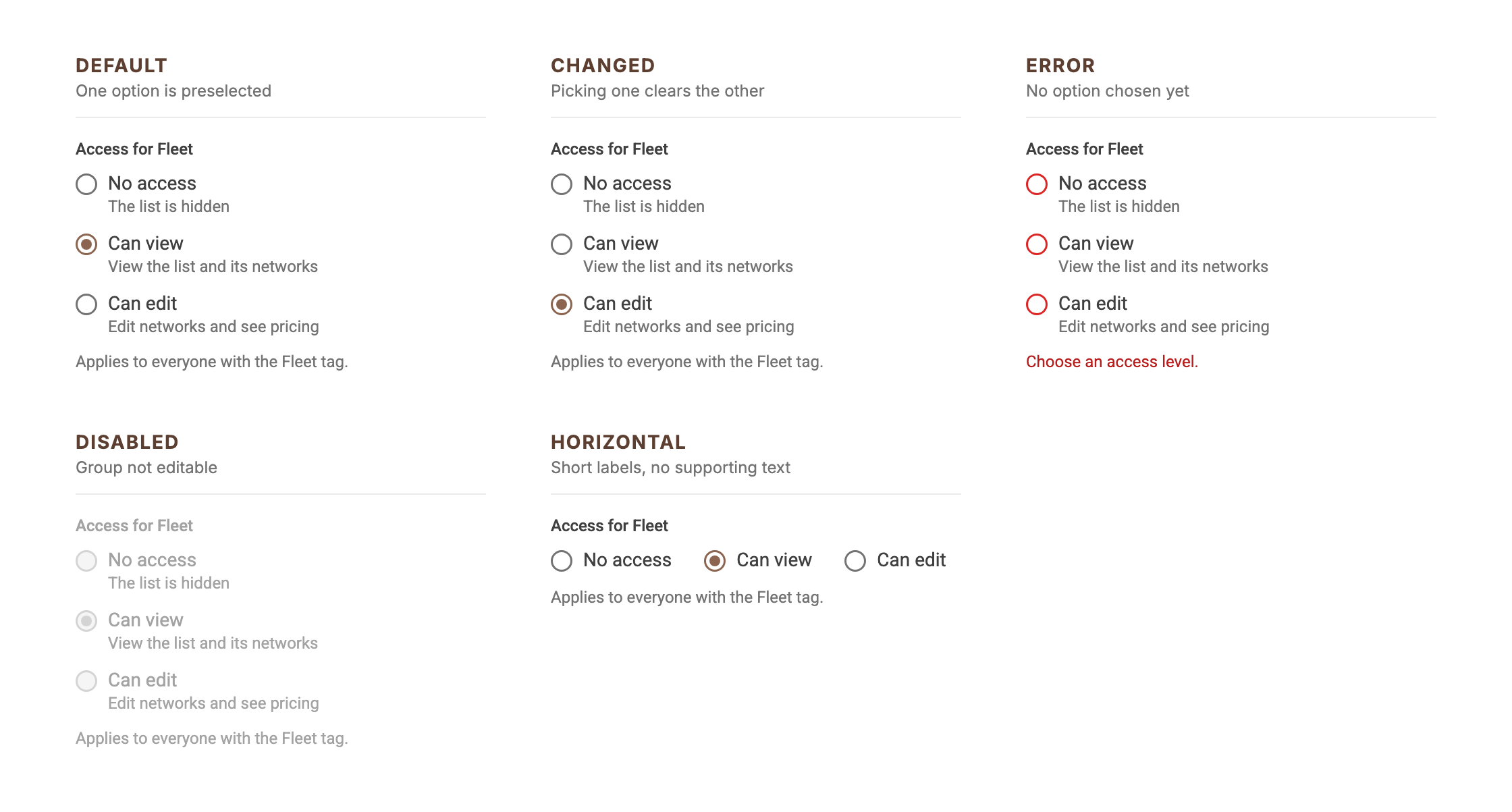 Access level radio group with label and helper text: default, changed, error, disabled, horizontal